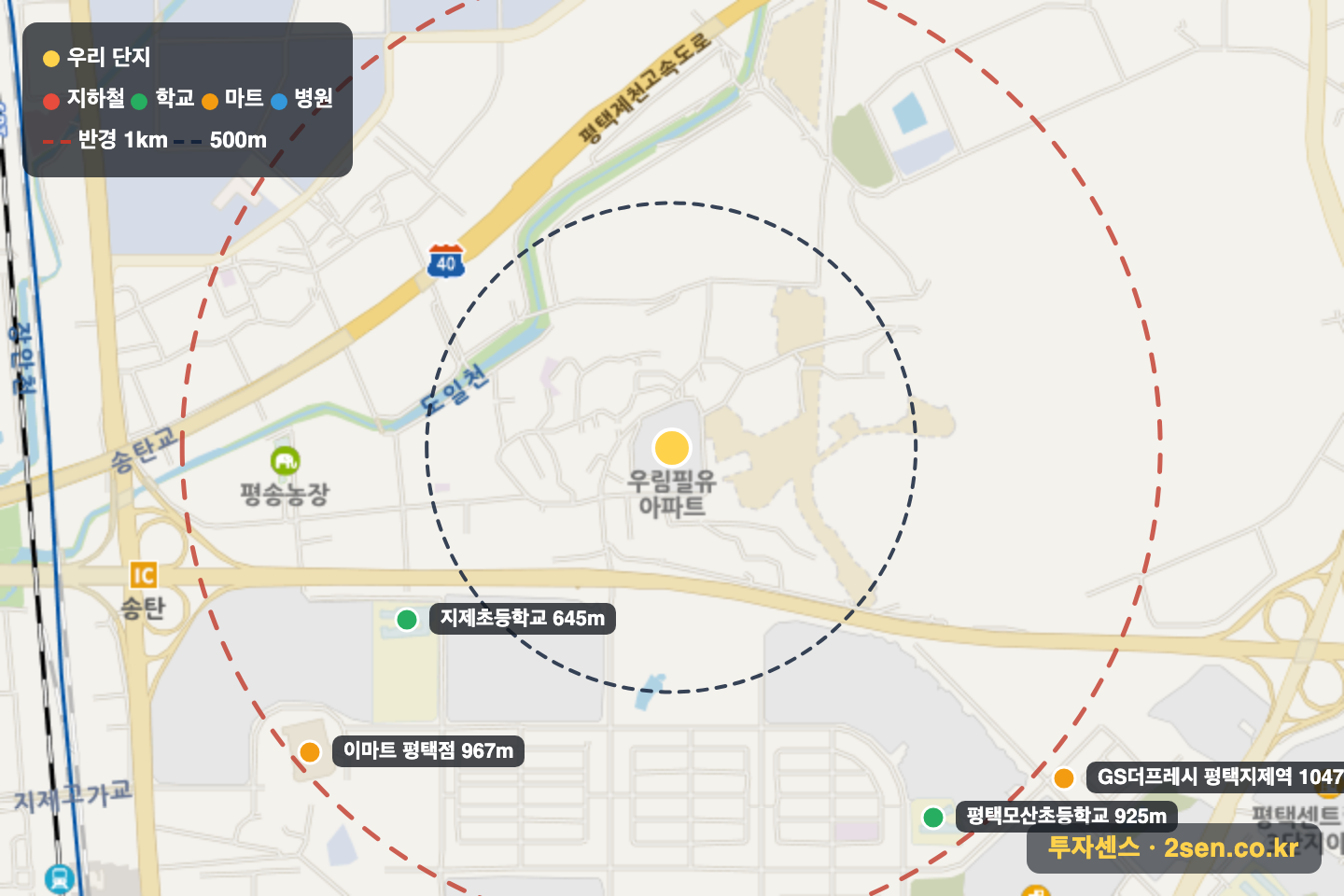 우림필유 반경 1km 입지 지도(지하철·학교·마트)