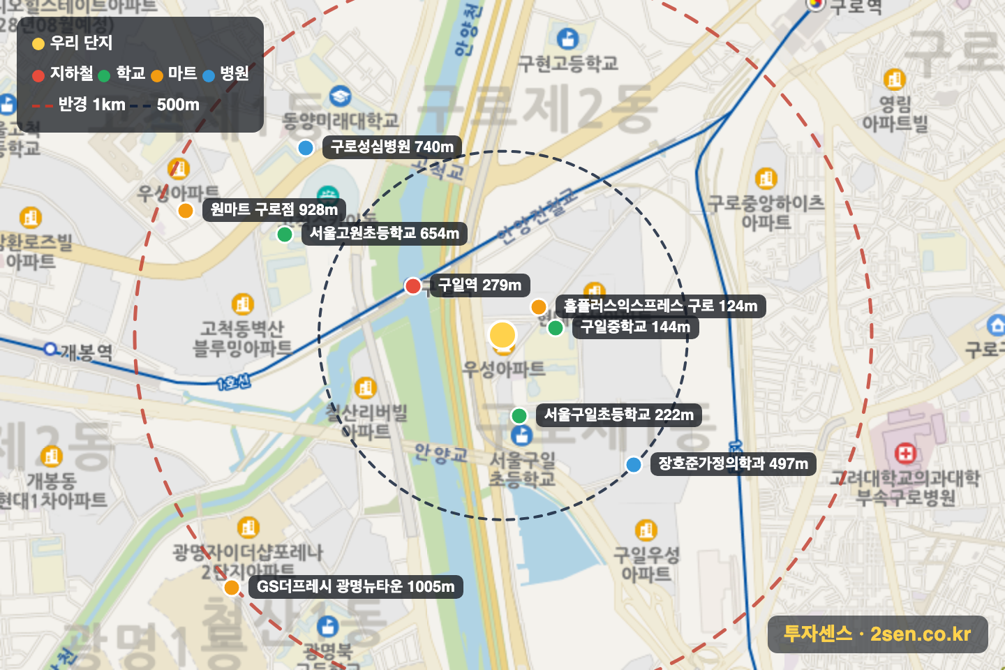 우성(23) 반경 1km 입지 지도(지하철·학교·마트)