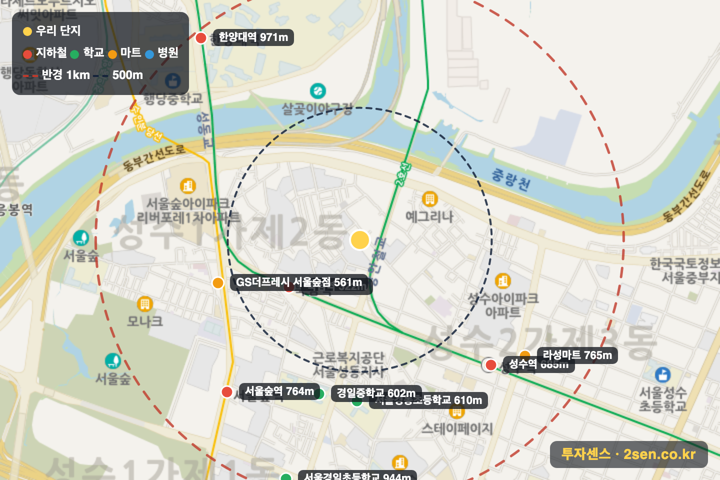 우성 반경 1km 입지 지도(지하철·학교·마트)