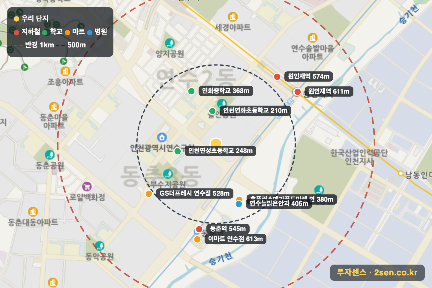 우성1 반경 1km 입지 지도(지하철·학교·마트)