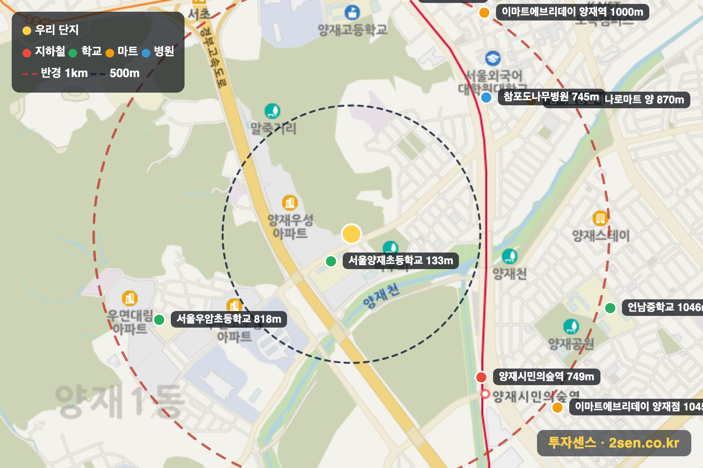 우성112 반경 1km 입지 지도(지하철·학교·마트)