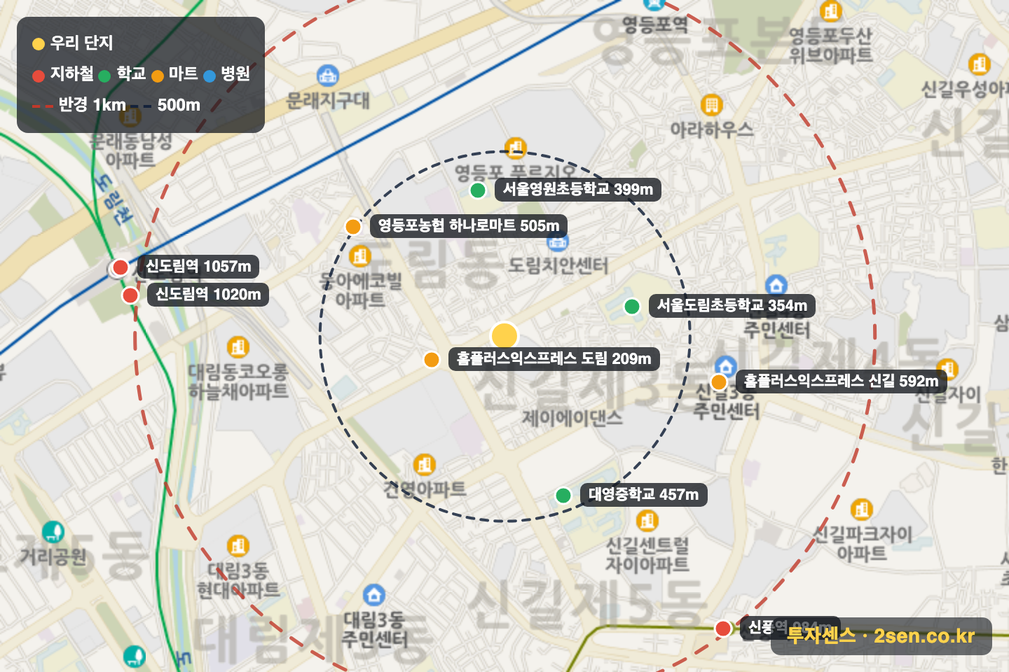 우성5 반경 1km 입지 지도(지하철·학교·마트)