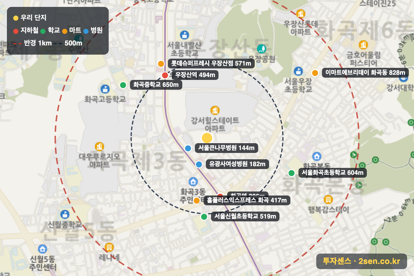 우장산숲아이파크 반경 1km 입지 지도(지하철·학교·마트)