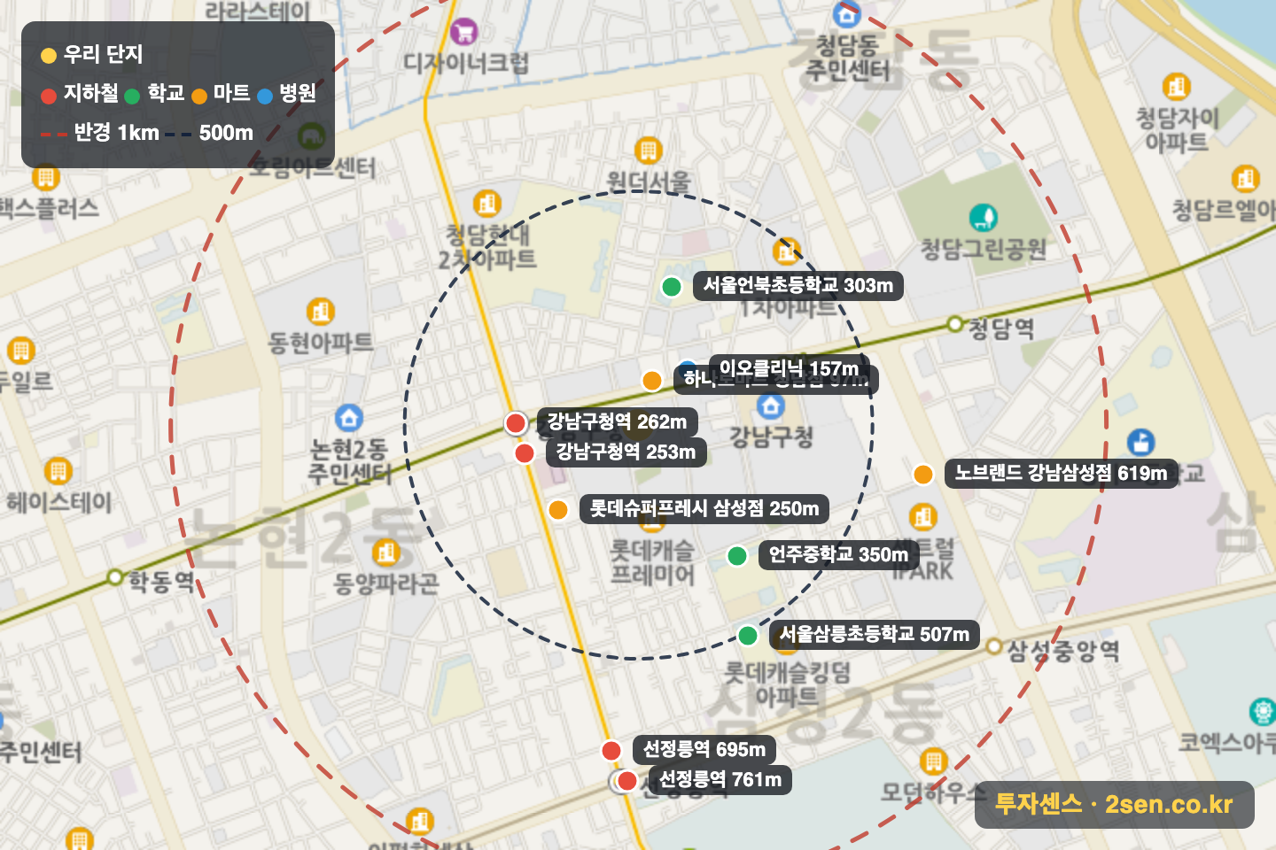 우정에쉐르 반경 1km 입지 지도(지하철·학교·마트)