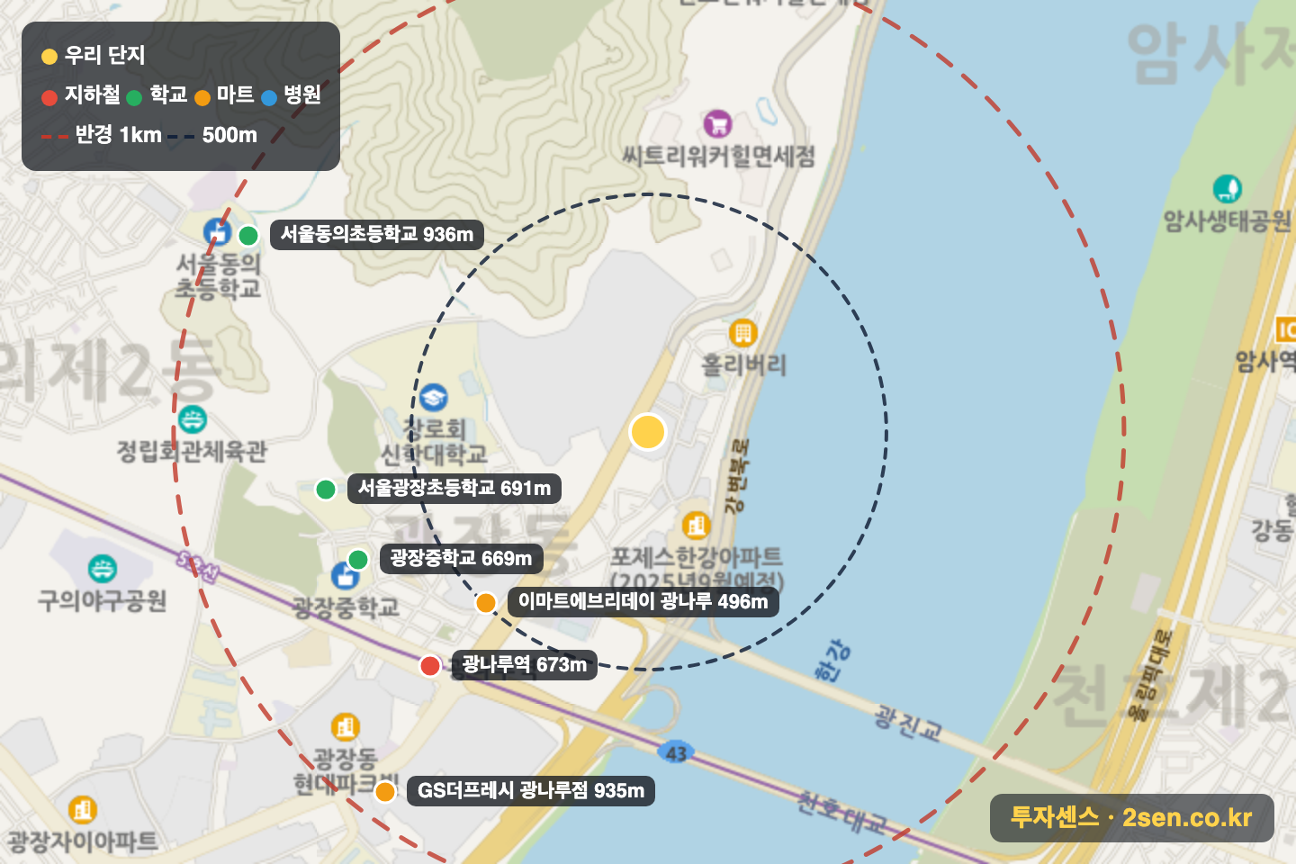 워커힐푸르지오 반경 1km 입지 지도(지하철·학교·마트)