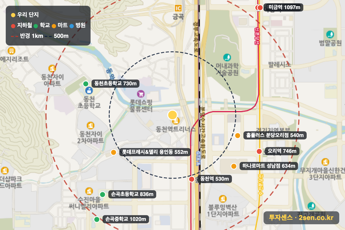 원천마을푸르지오 반경 1km 입지 지도(지하철·학교·마트)