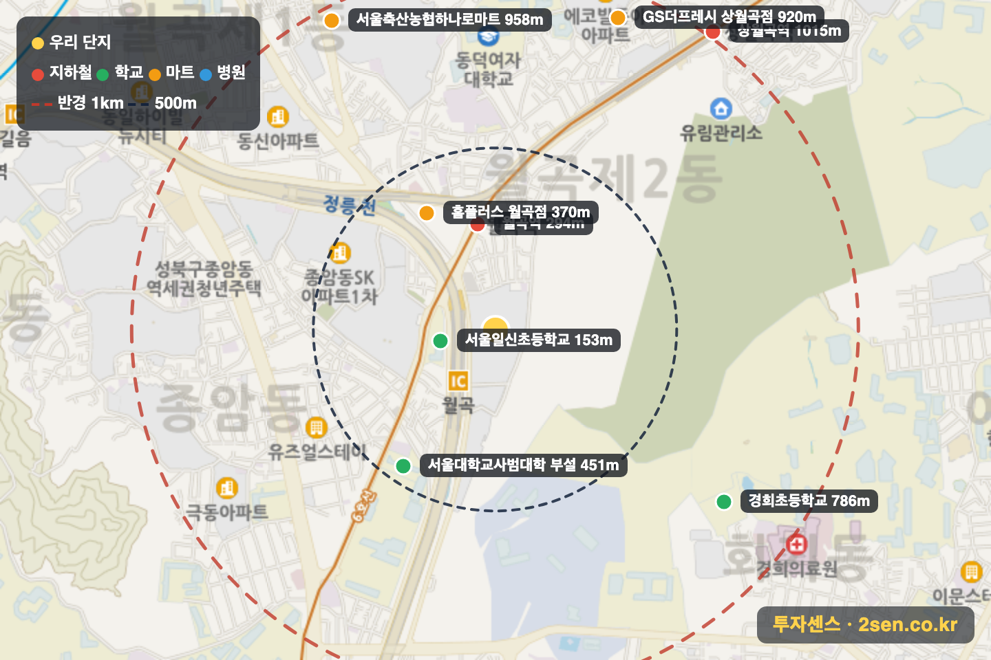 월곡래미안루나밸리 반경 1km 입지 지도(지하철·학교·마트)