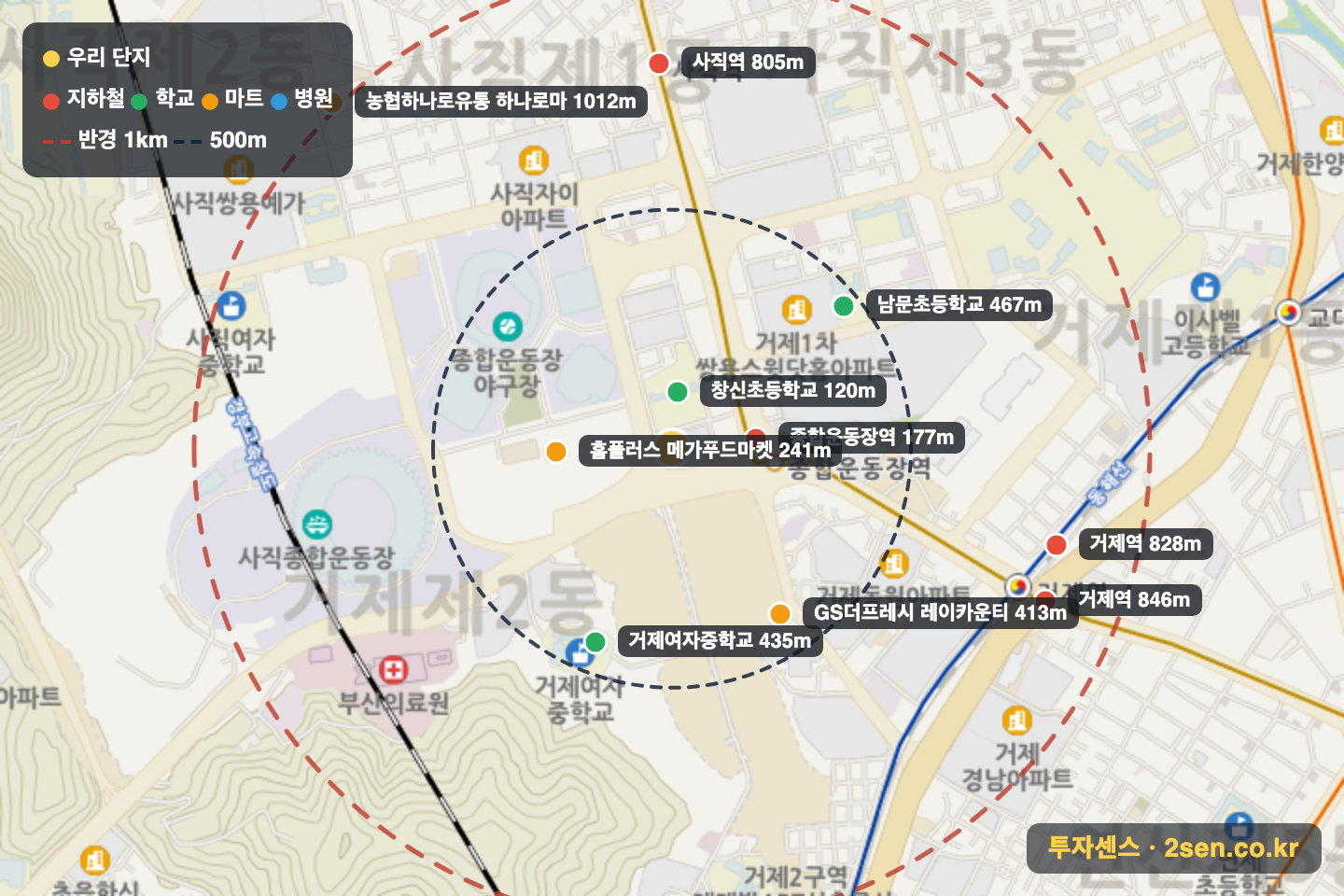 월드마크아시아드 반경 1km 입지 지도(지하철·학교·마트)