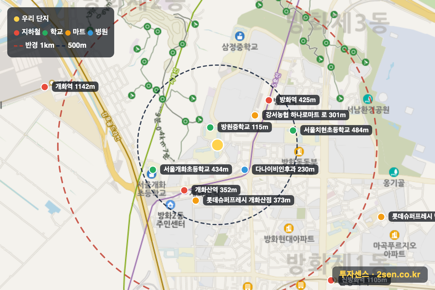 월드메르디앙101동 반경 1km 입지 지도(지하철·학교·마트)