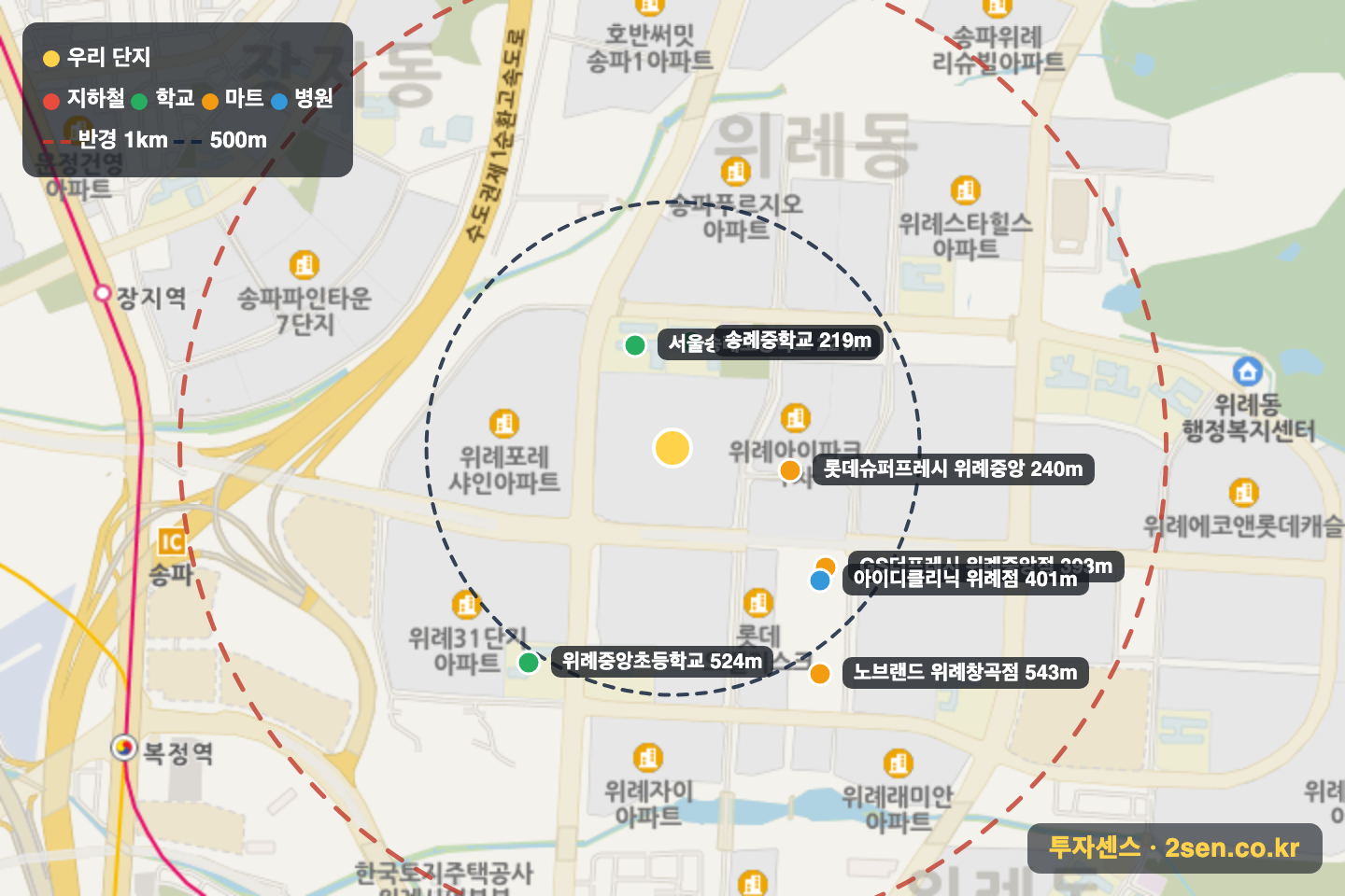 위례24단지(꿈에그린) 반경 1km 입지 지도(지하철·학교·마트)