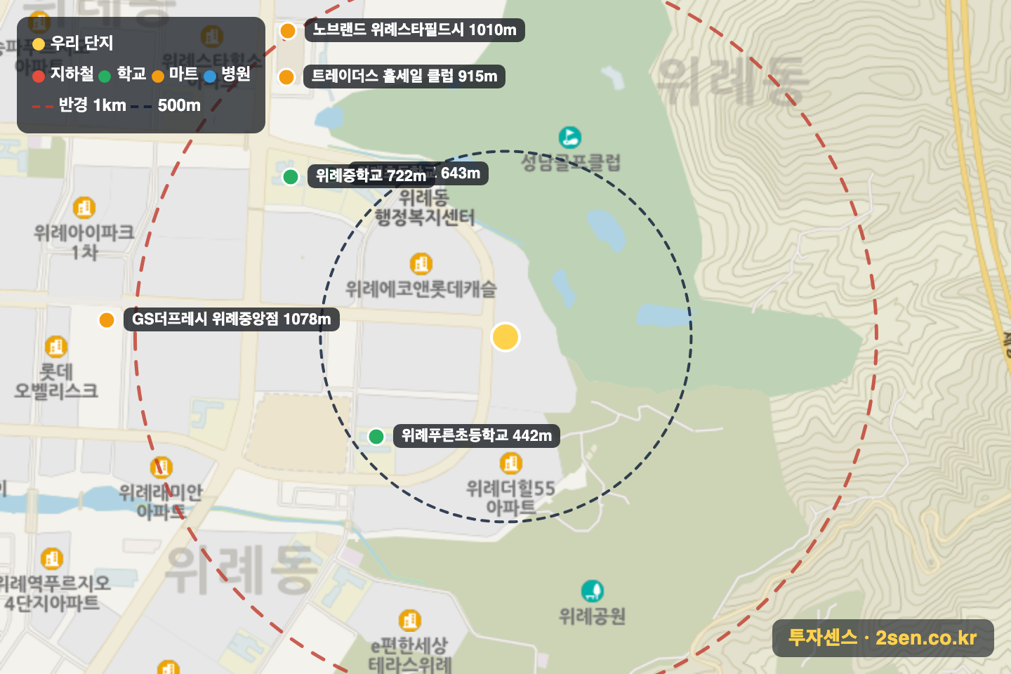 위례그린파크푸르지오 반경 1km 입지 지도(지하철·학교·마트)