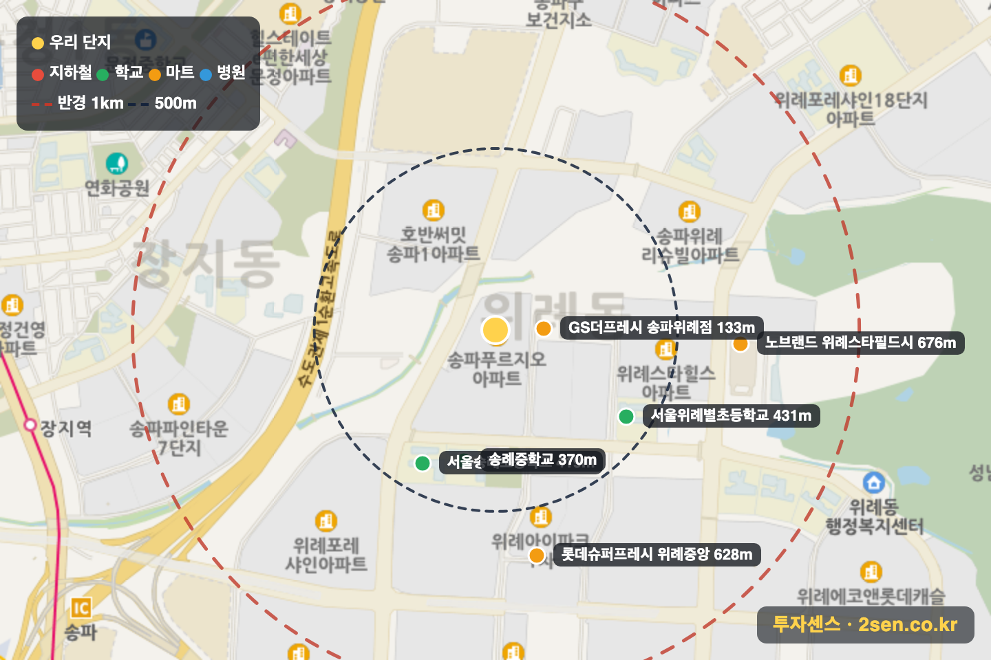 위례신도시송파푸르지오 반경 1km 입지 지도(지하철·학교·마트)