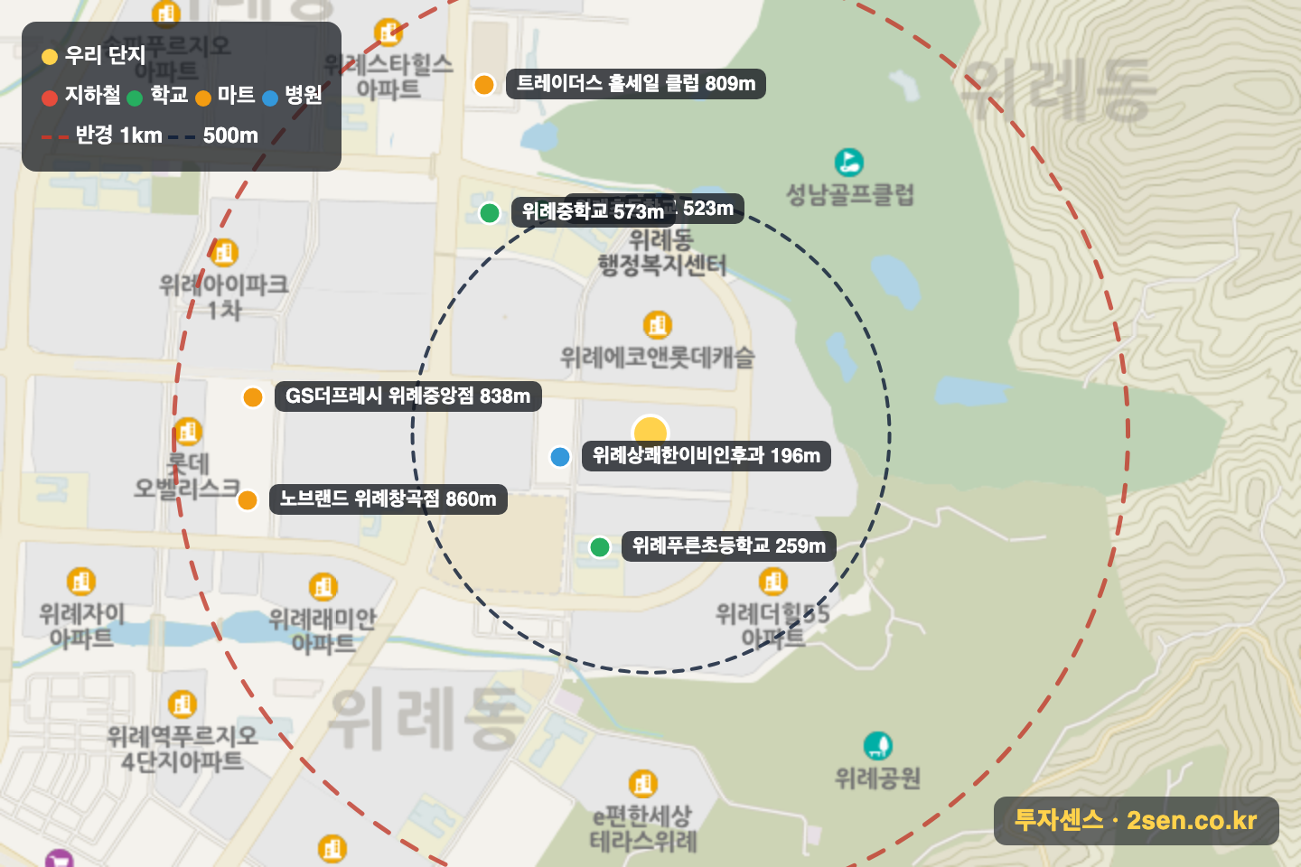 위례호반써밋에비뉴 반경 1km 입지 지도(지하철·학교·마트)