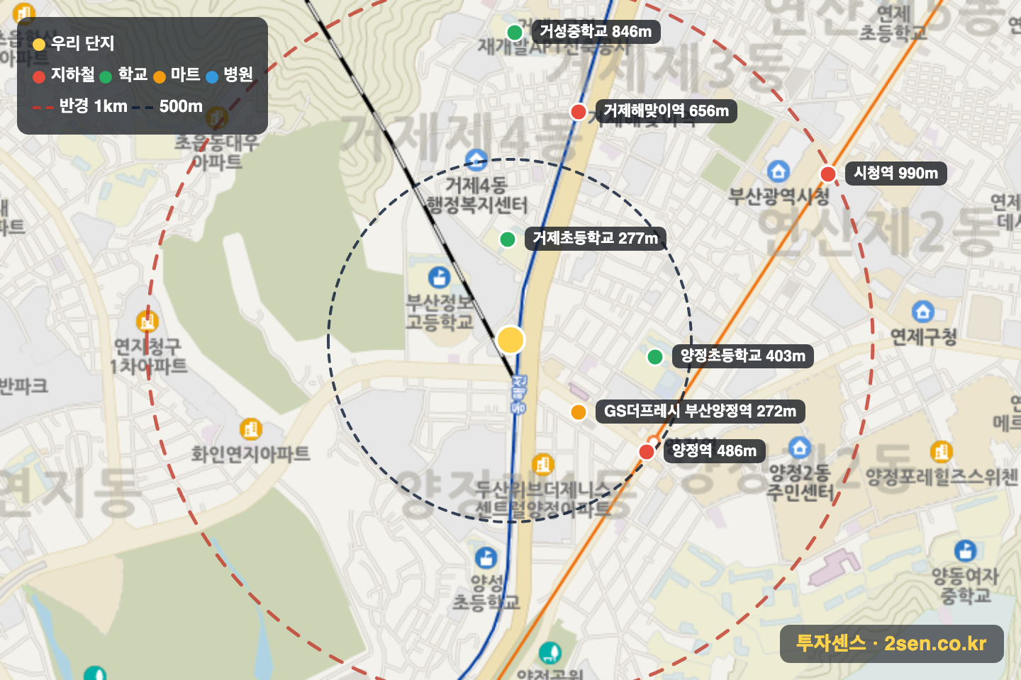 유림아시아드 반경 1km 입지 지도(지하철·학교·마트)
