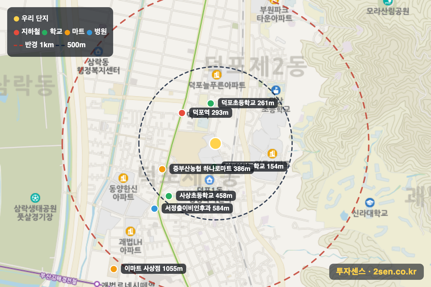 유원 반경 1km 입지 지도(지하철·학교·마트)