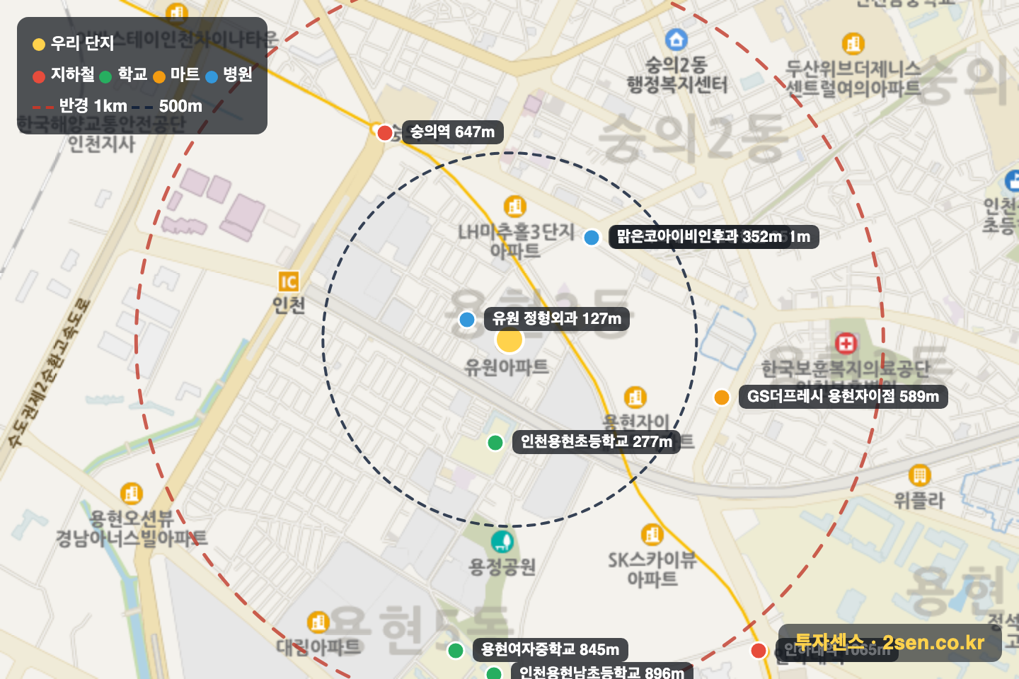 유원용현 반경 1km 입지 지도(지하철·학교·마트)