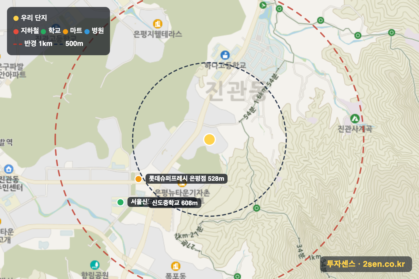 은평뉴타운 제각말 푸르지오(5-3단지) 반경 1km 입지 지도(지하철·학교·마트)