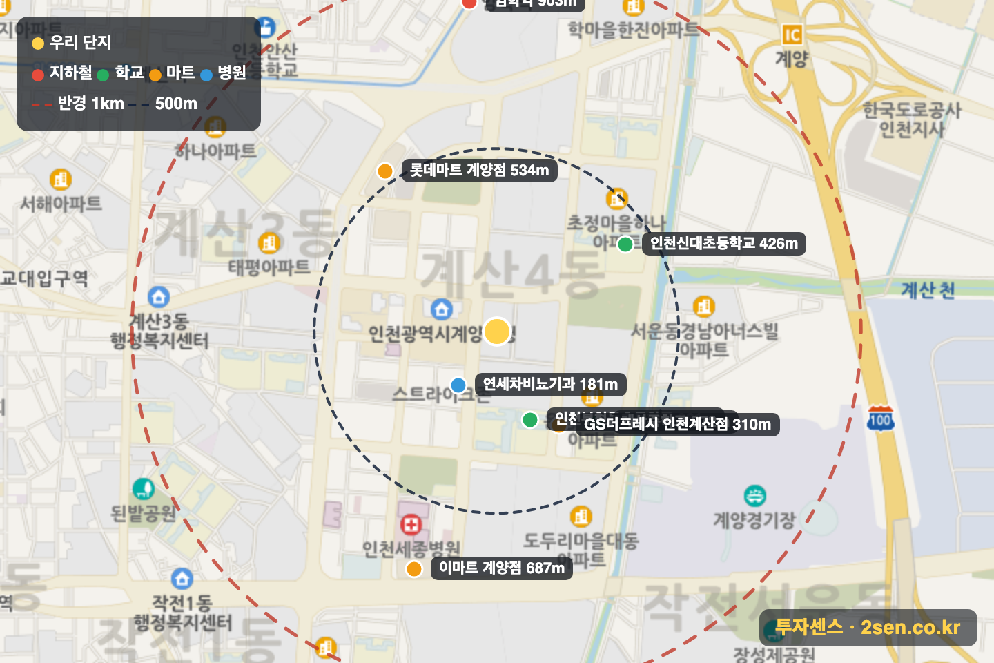은행마을(강북) 반경 1km 입지 지도(지하철·학교·마트)