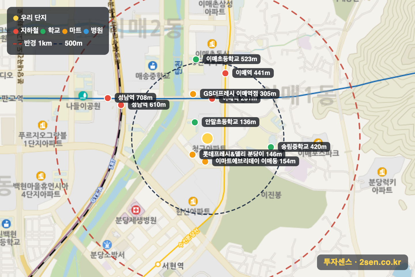 이매촌(청구) 반경 1km 입지 지도(지하철·학교·마트)