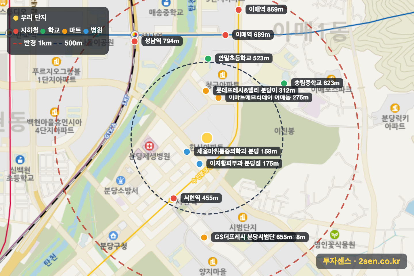 이매촌(한신) 반경 1km 입지 지도(지하철·학교·마트)