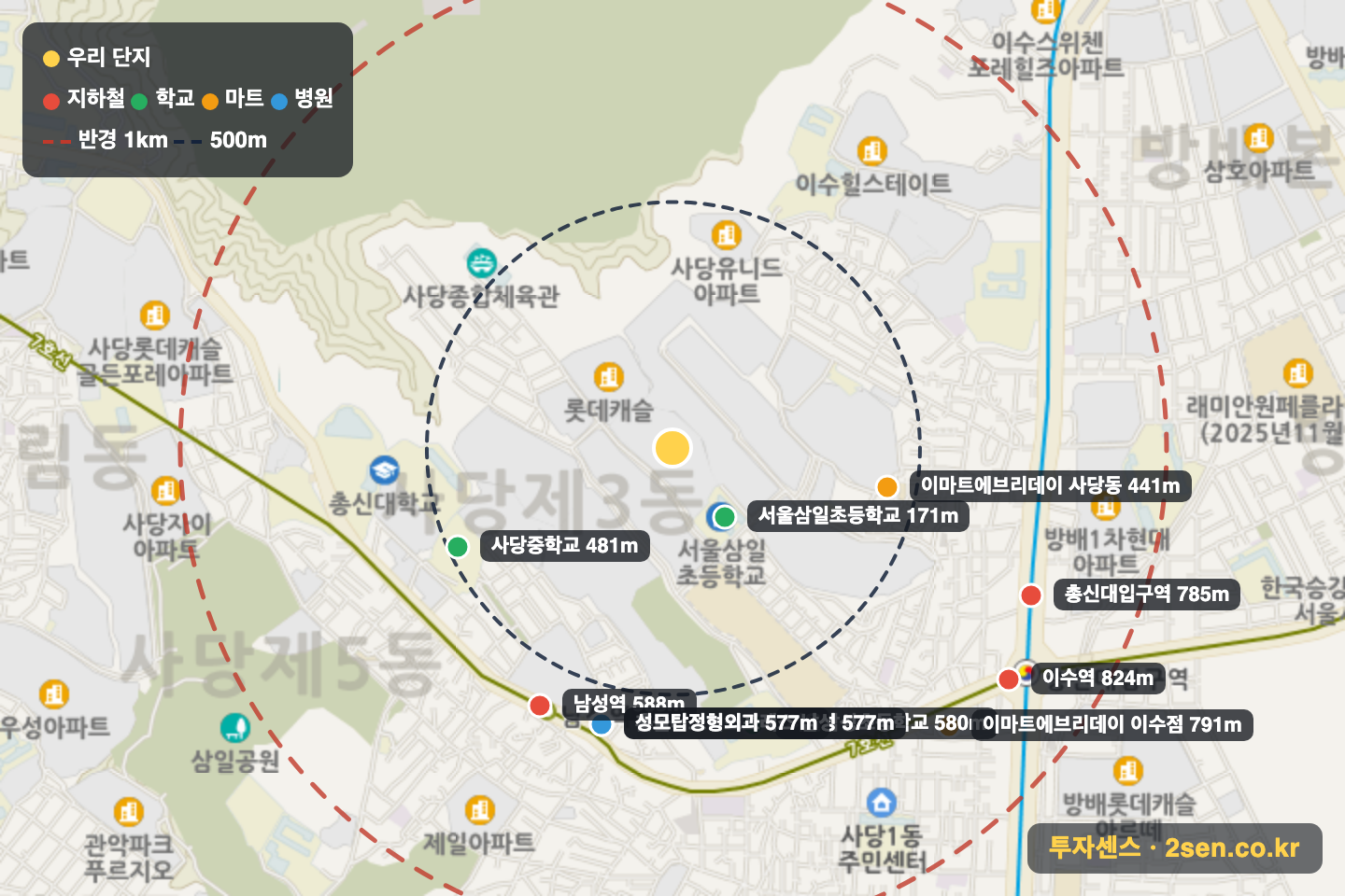 이수역리가 반경 1km 입지 지도(지하철·학교·마트)