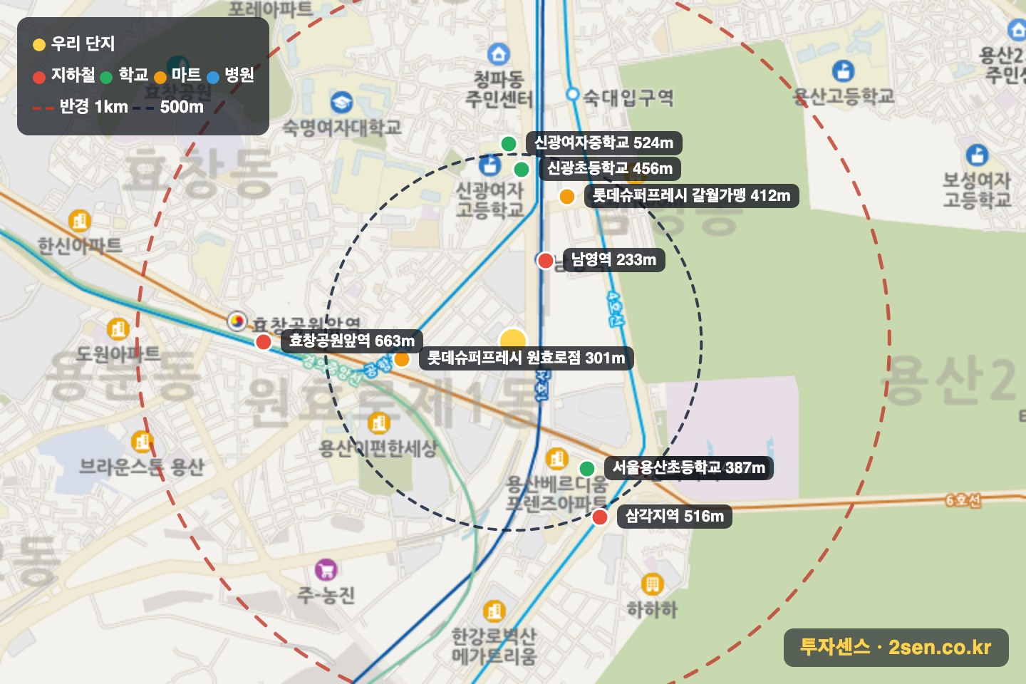 이안용산프리미어 반경 1km 입지 지도(지하철·학교·마트)