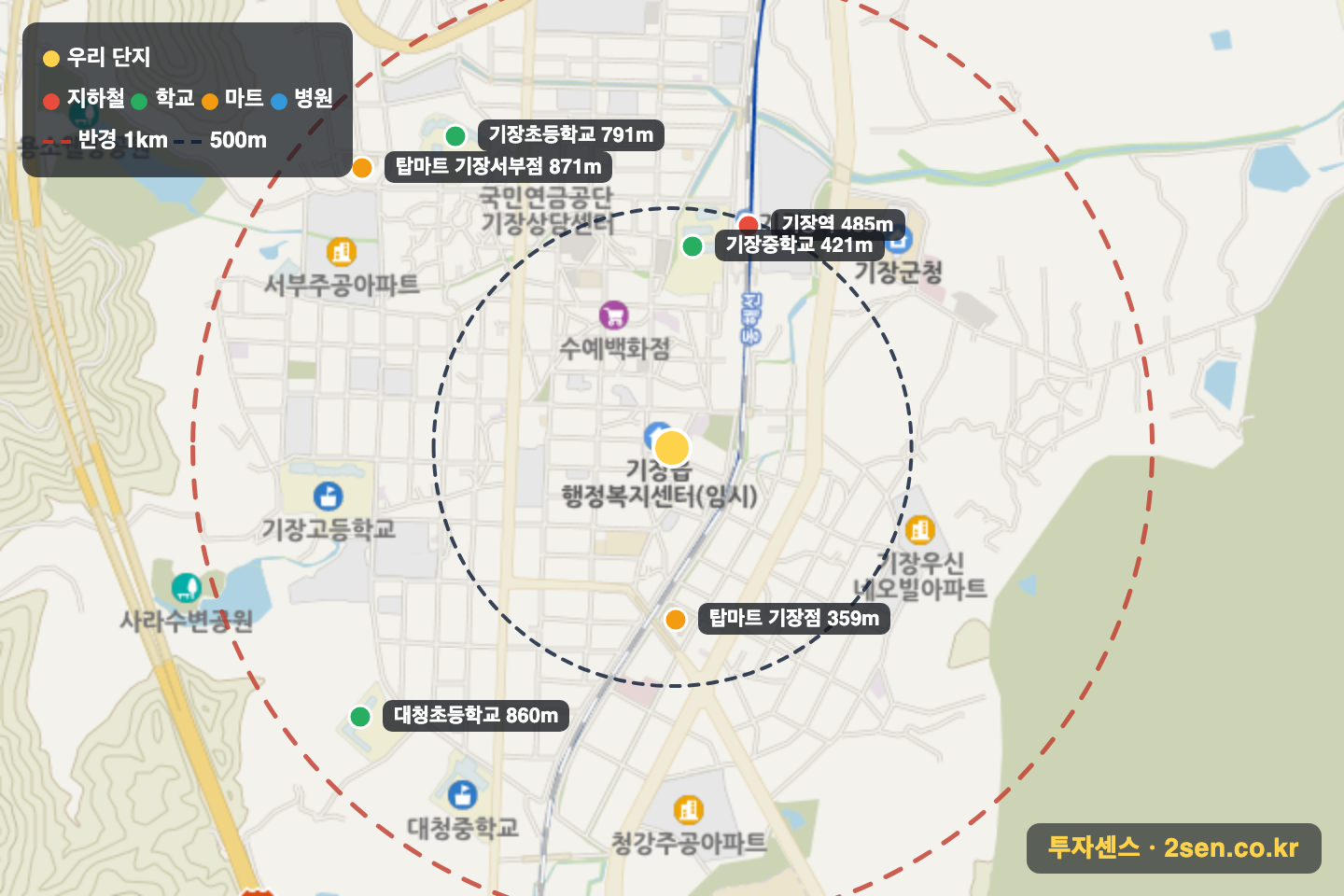 이진캐스빌 반경 1km 입지 지도(지하철·학교·마트)