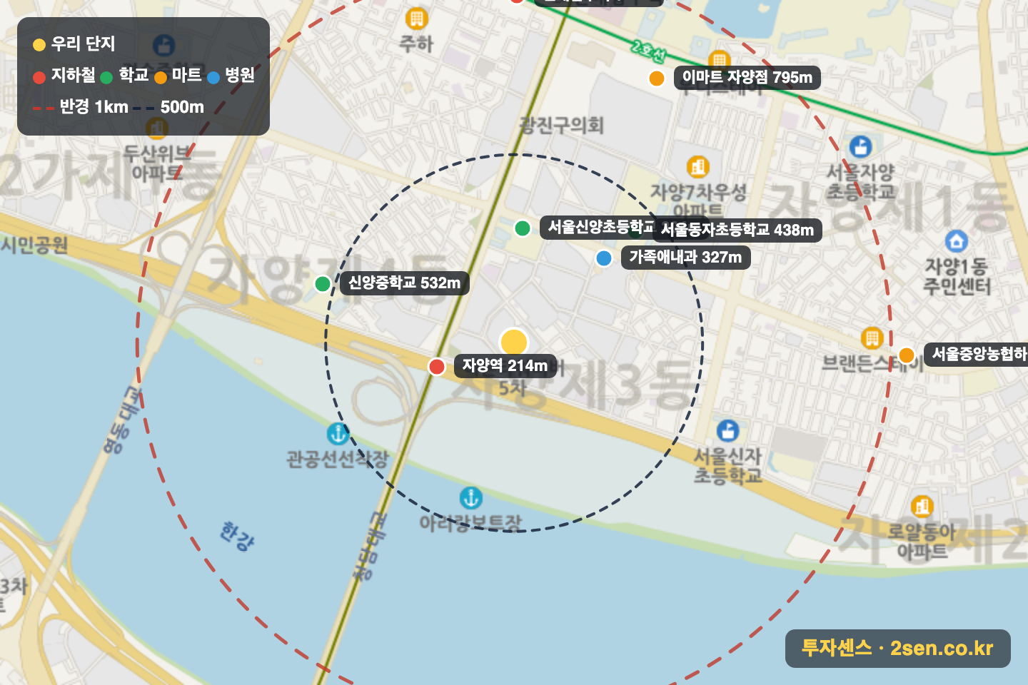 이튼타워리버5차 반경 1km 입지 지도(지하철·학교·마트)