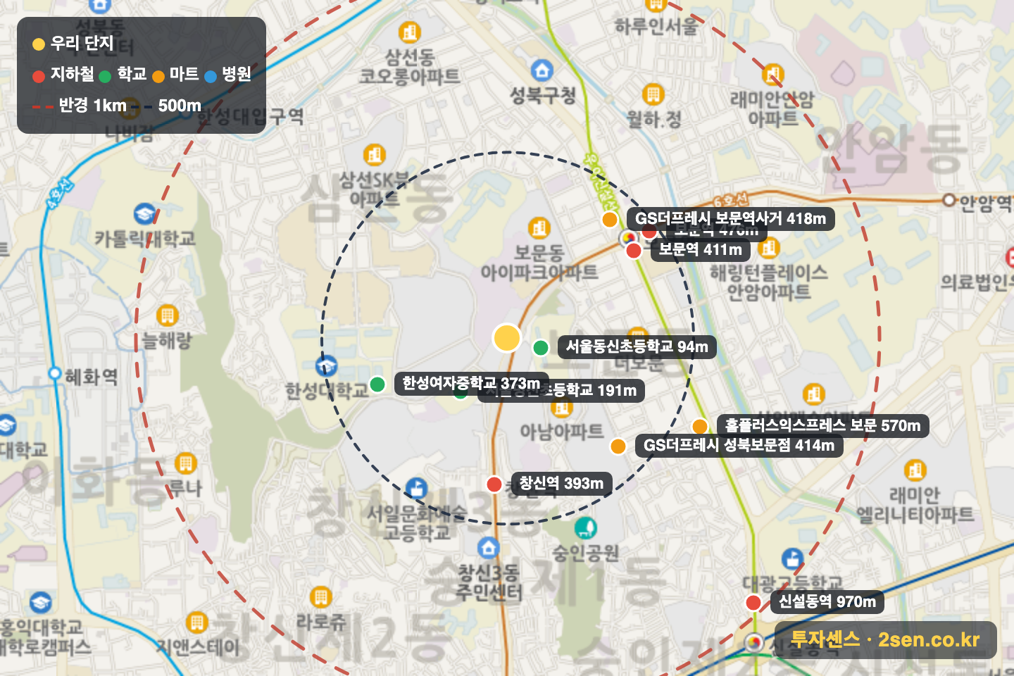 이편한세상보문 반경 1km 입지 지도(지하철·학교·마트)