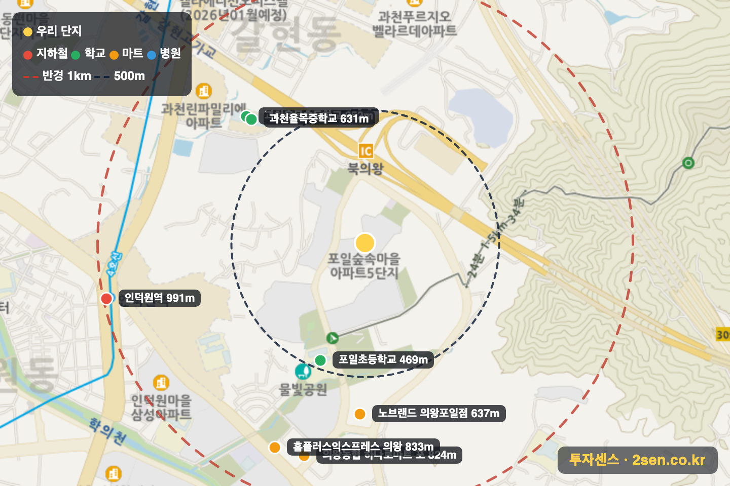 인덕원숲속마을5단지 반경 1km 입지 지도(지하철·학교·마트)