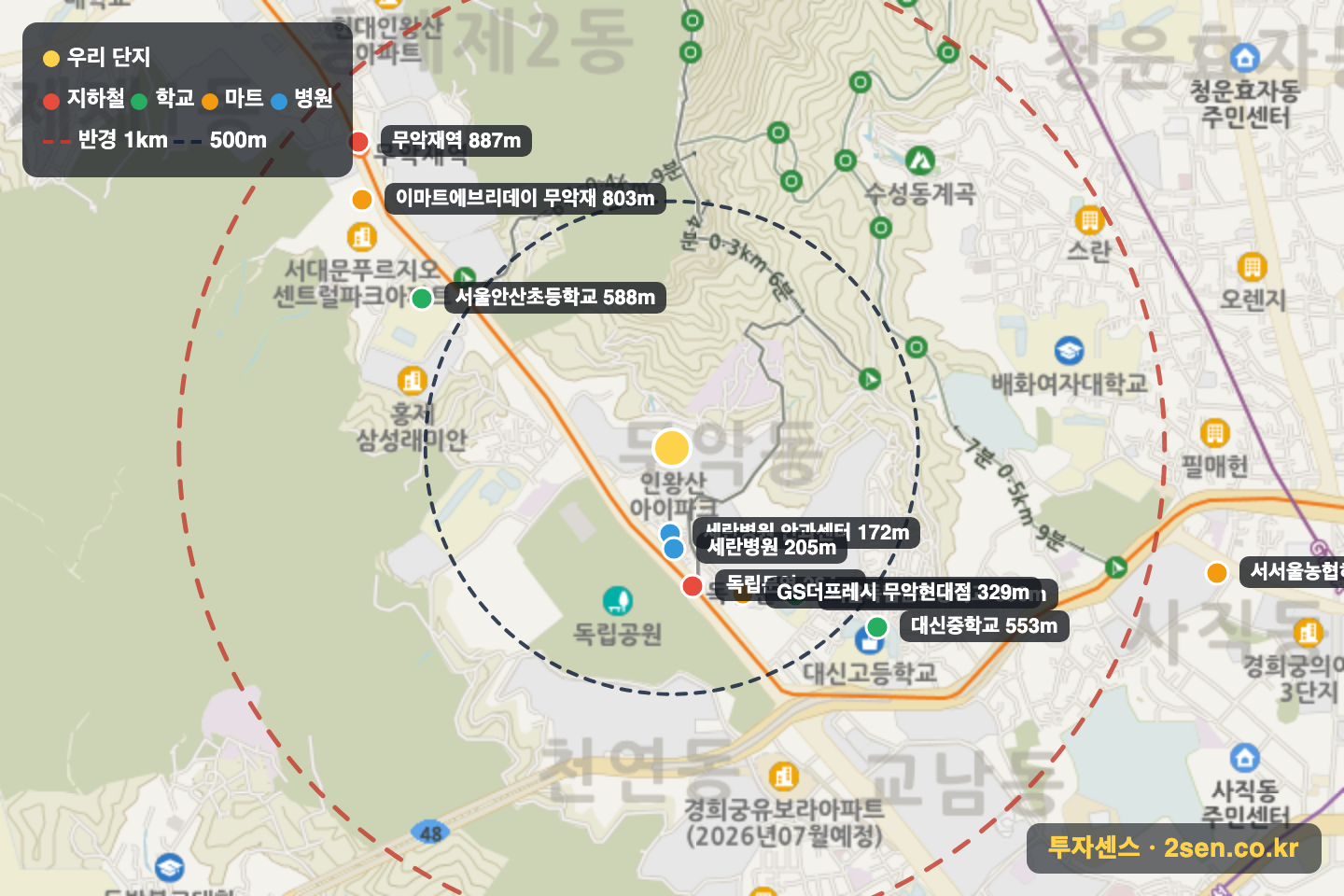 인왕산아이파크 반경 1km 입지 지도(지하철·학교·마트)