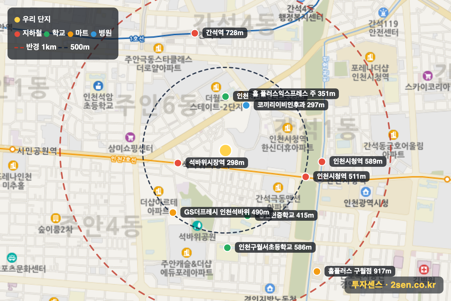 인천시청역힐스테이트 반경 1km 입지 지도(지하철·학교·마트)