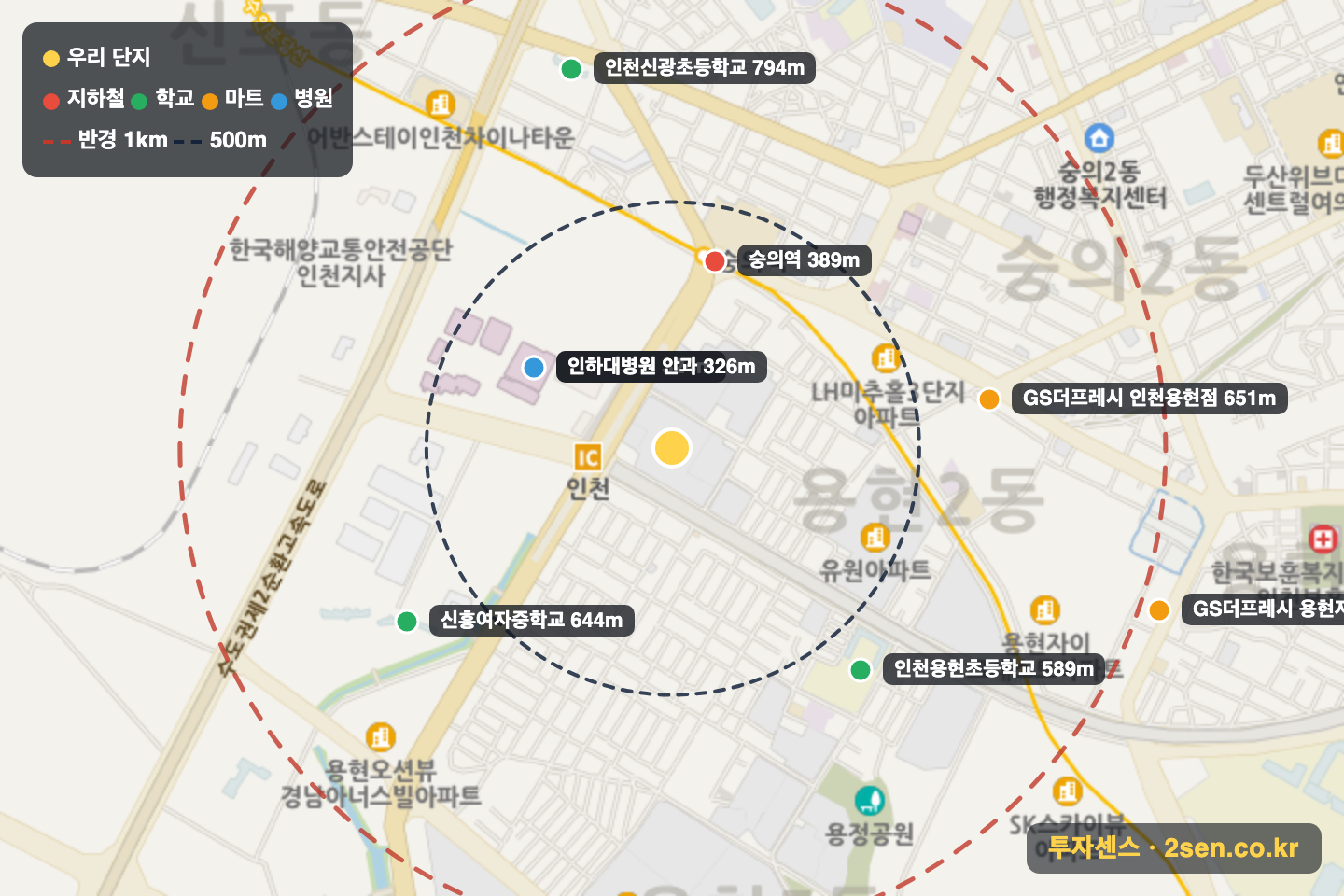 인천용현엑슬루타워 반경 1km 입지 지도(지하철·학교·마트)