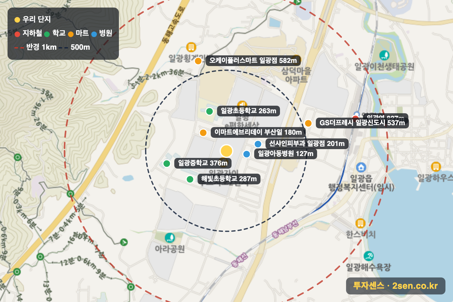 일광자이푸르지오2단지 반경 1km 입지 지도(지하철·학교·마트)