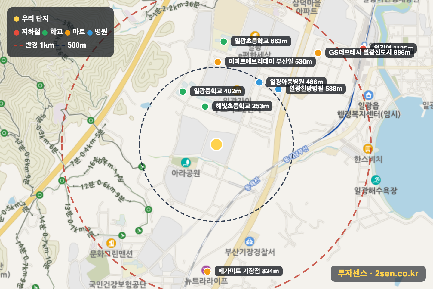 일광한신더휴센트럴포레1단지 반경 1km 입지 지도(지하철·학교·마트)