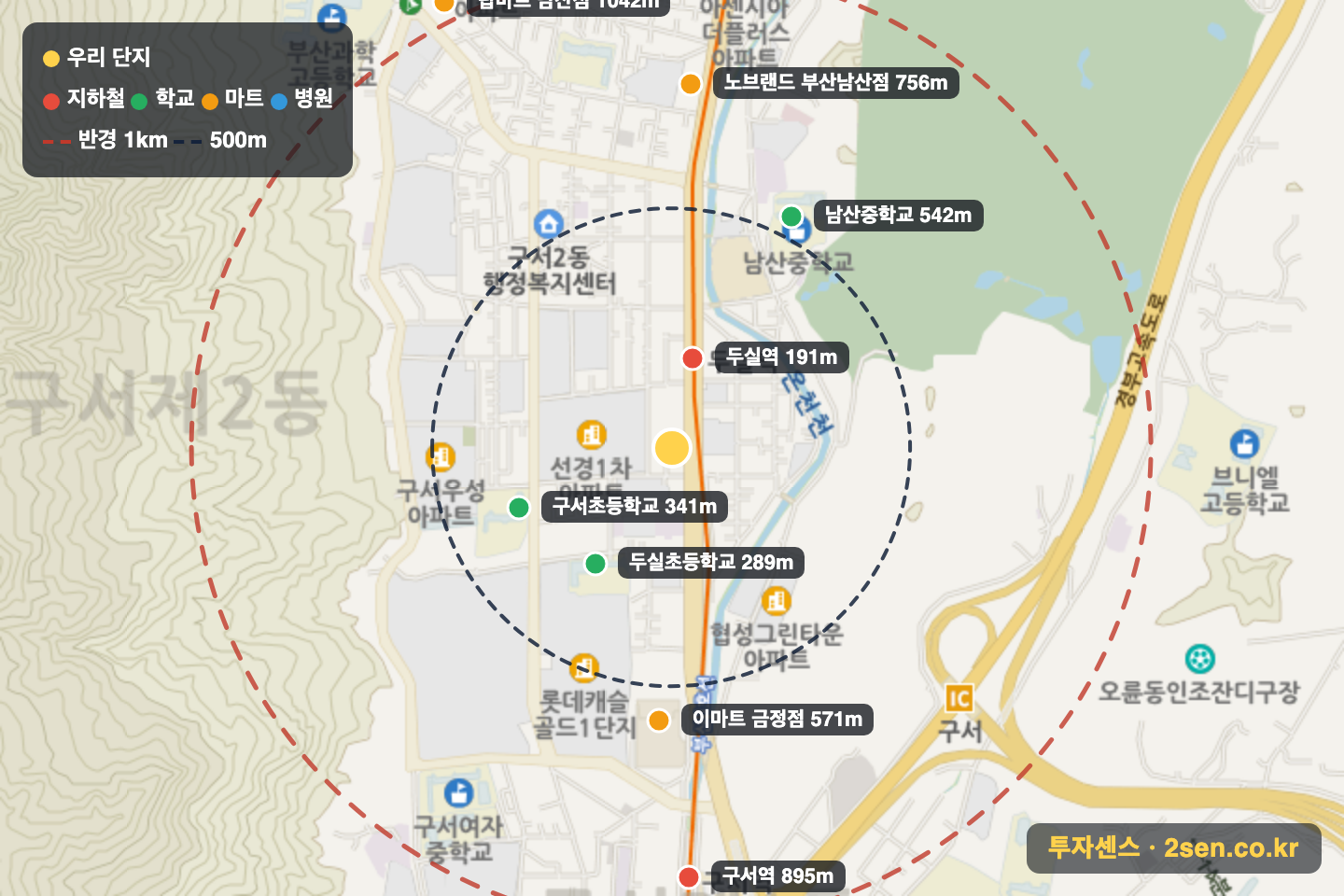 일신 반경 1km 입지 지도(지하철·학교·마트)
