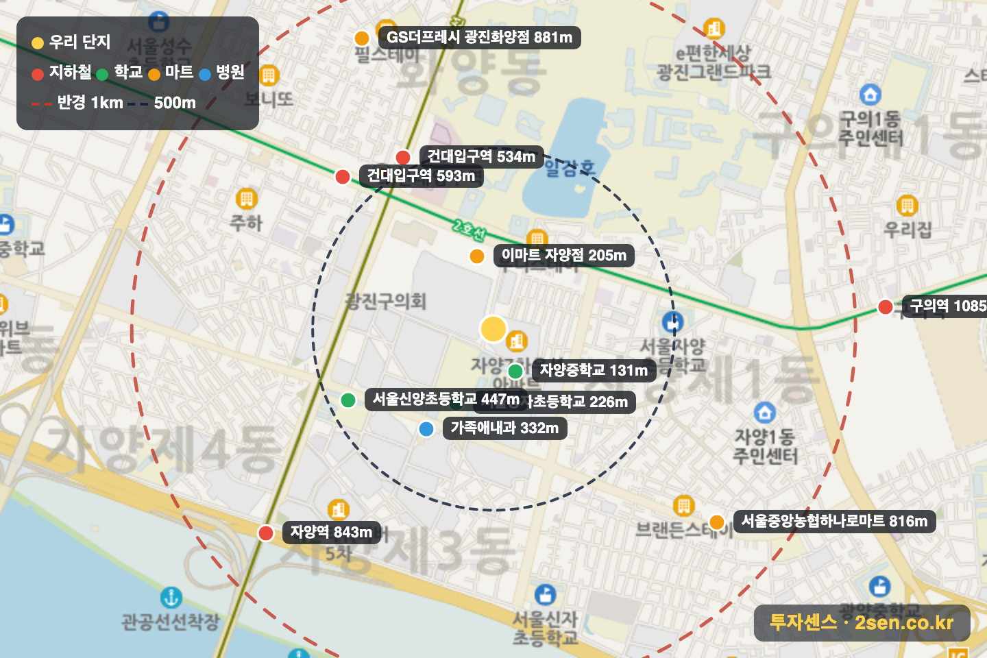 자양우성7 반경 1km 입지 지도(지하철·학교·마트)