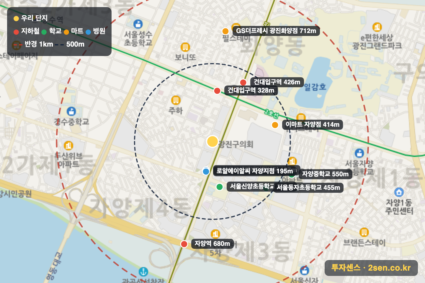 자양호반써밋 반경 1km 입지 지도(지하철·학교·마트)