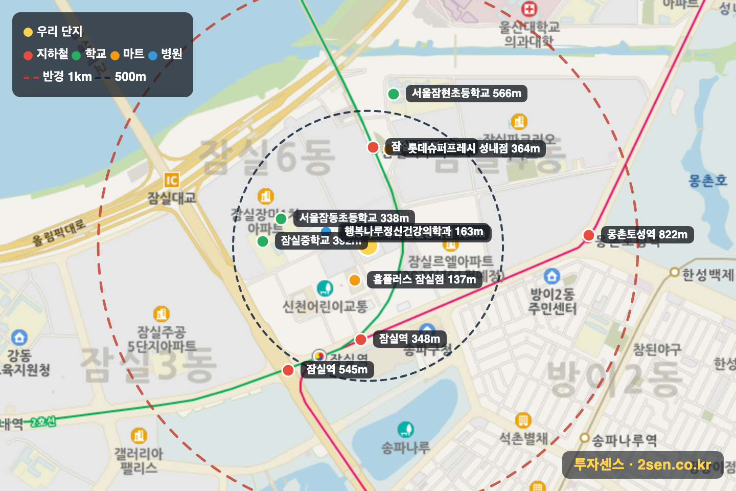 잠실푸르지오월드마크 반경 1km 입지 지도(지하철·학교·마트)