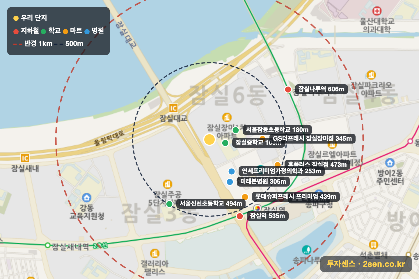 장미3 반경 1km 입지 지도(지하철·학교·마트)