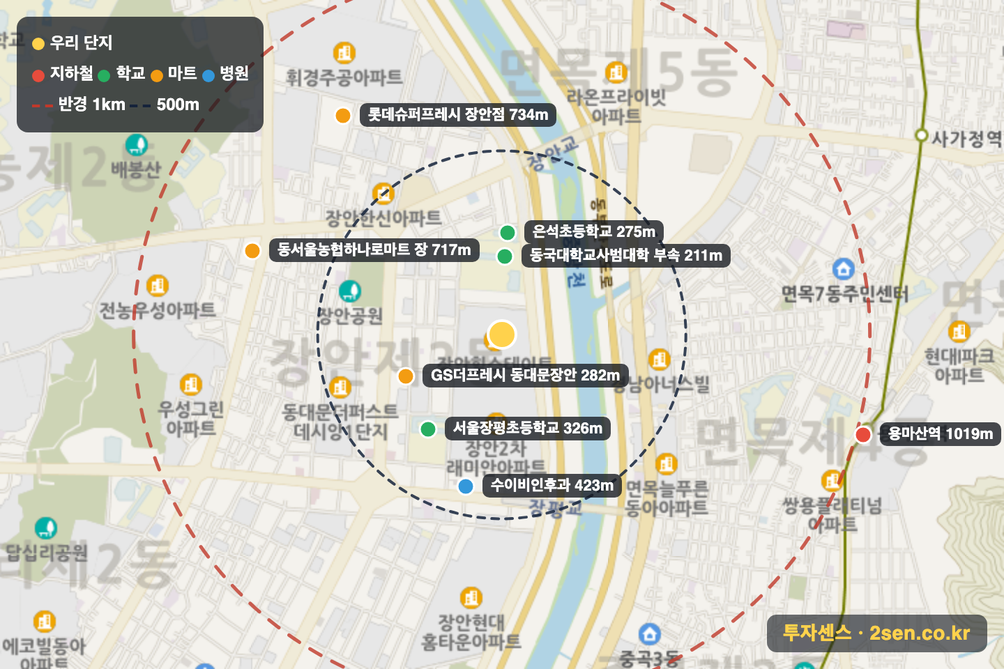 장안힐스테이트 반경 1km 입지 지도(지하철·학교·마트)