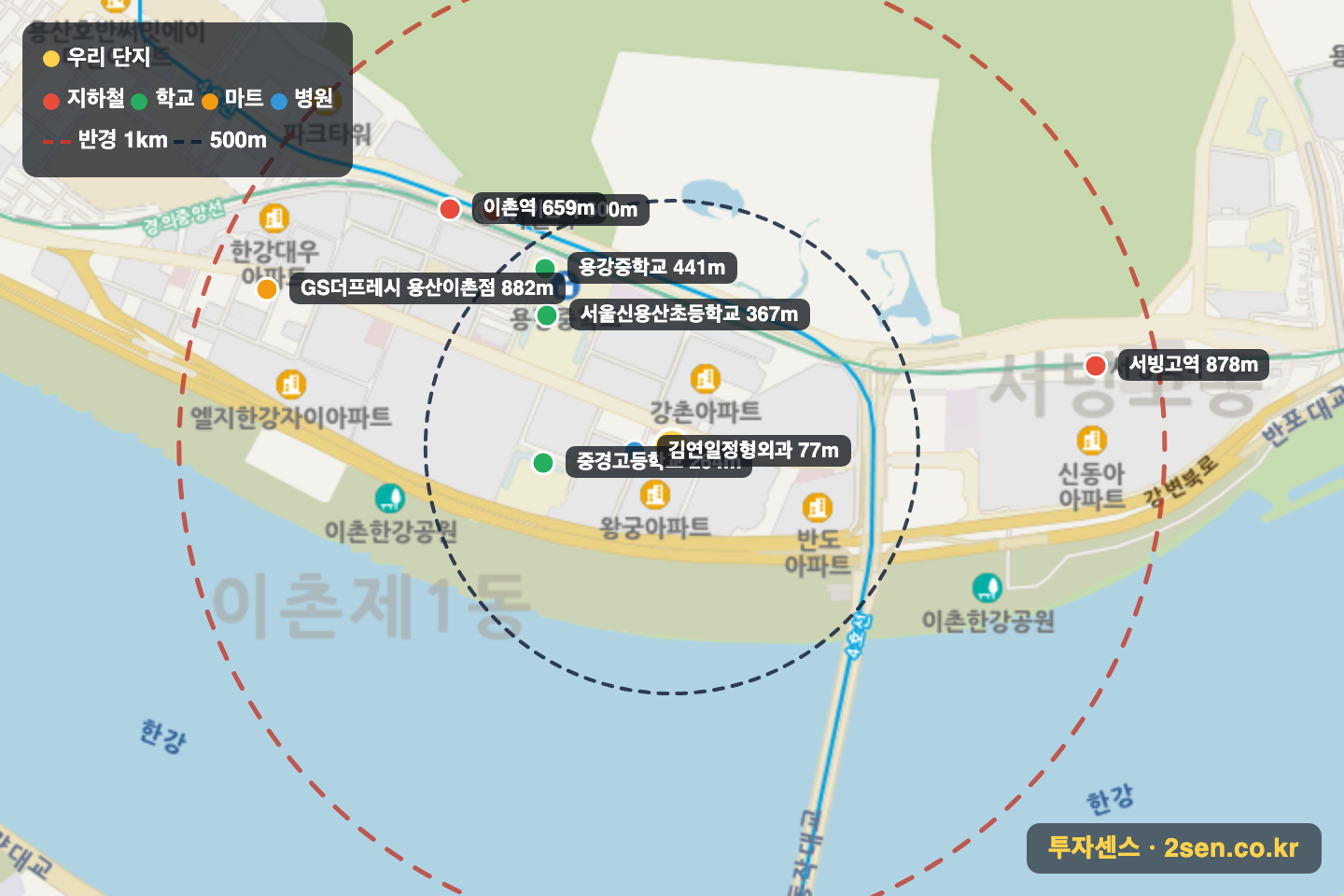 점보 반경 1km 입지 지도(지하철·학교·마트)