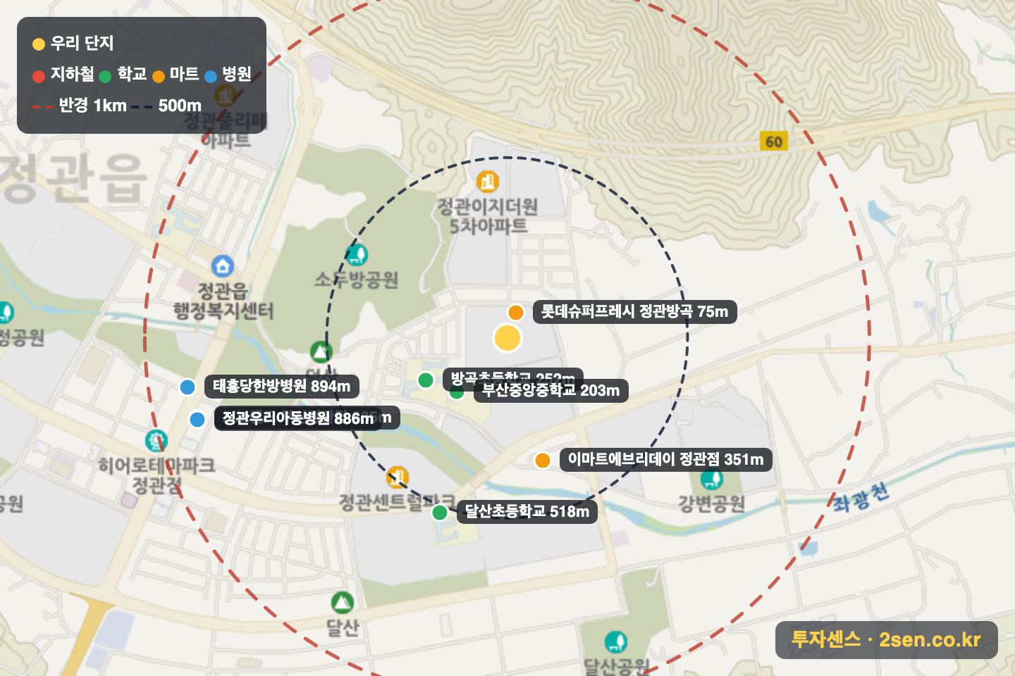 정관가화만사성더테라스2차 반경 1km 입지 지도(지하철·학교·마트)