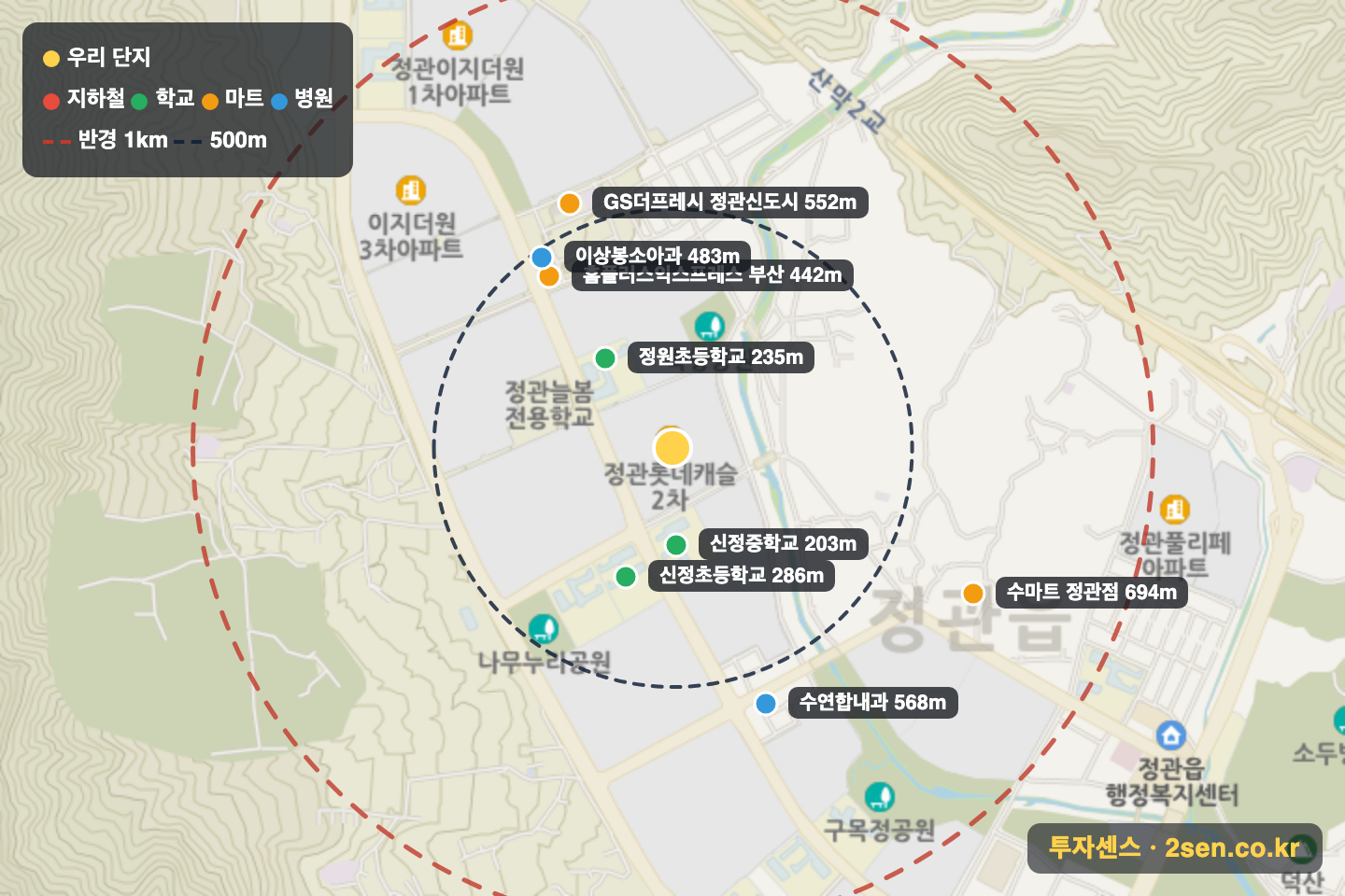 정관롯데캐슬2차 반경 1km 입지 지도(지하철·학교·마트)
