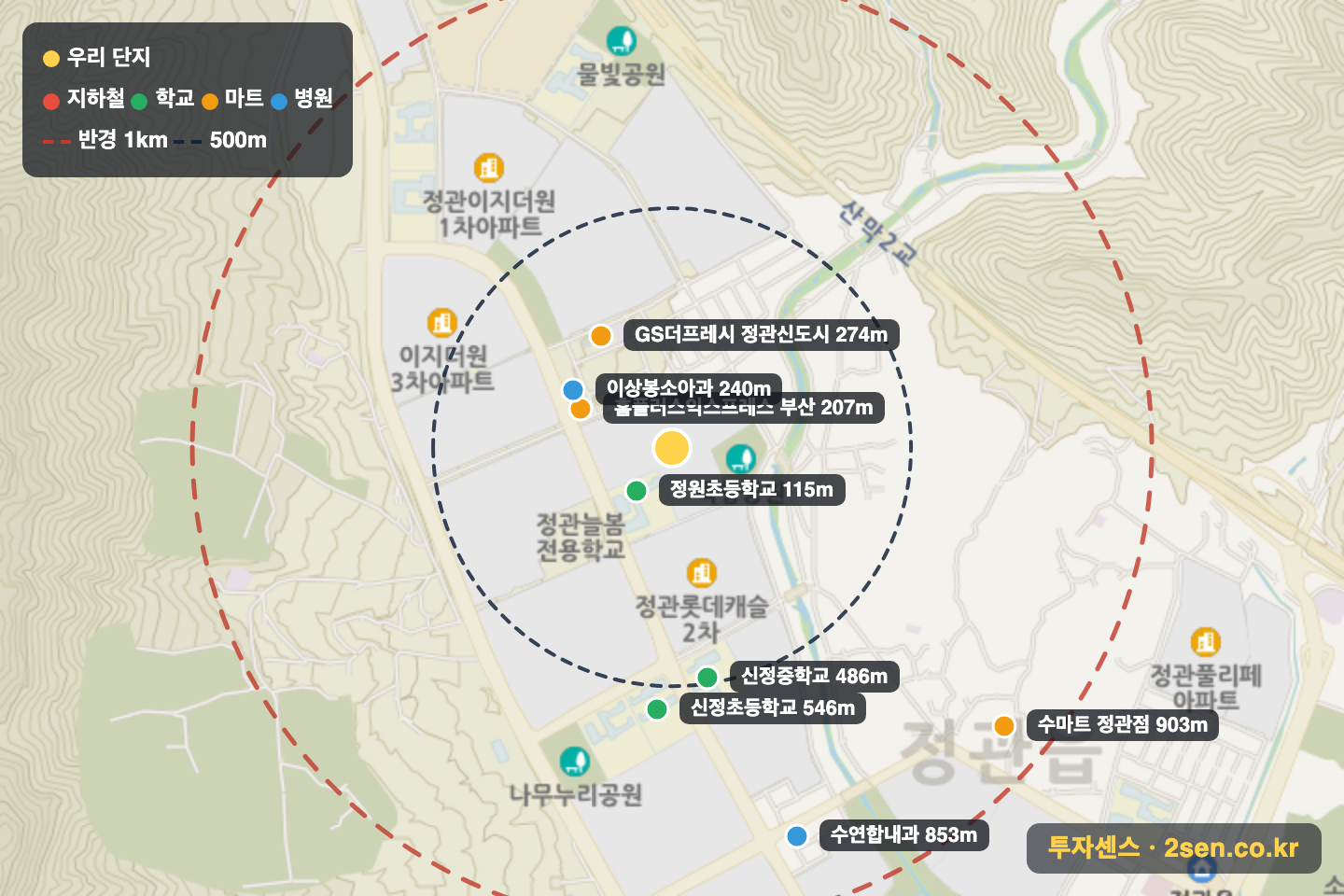정관현진에버빌 반경 1km 입지 지도(지하철·학교·마트)