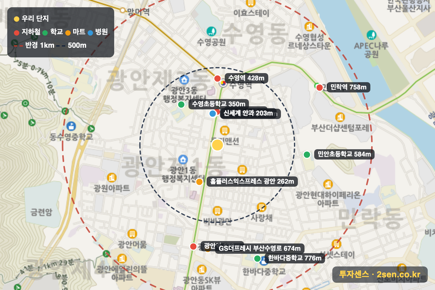 정원센텀뷰 반경 1km 입지 지도(지하철·학교·마트)