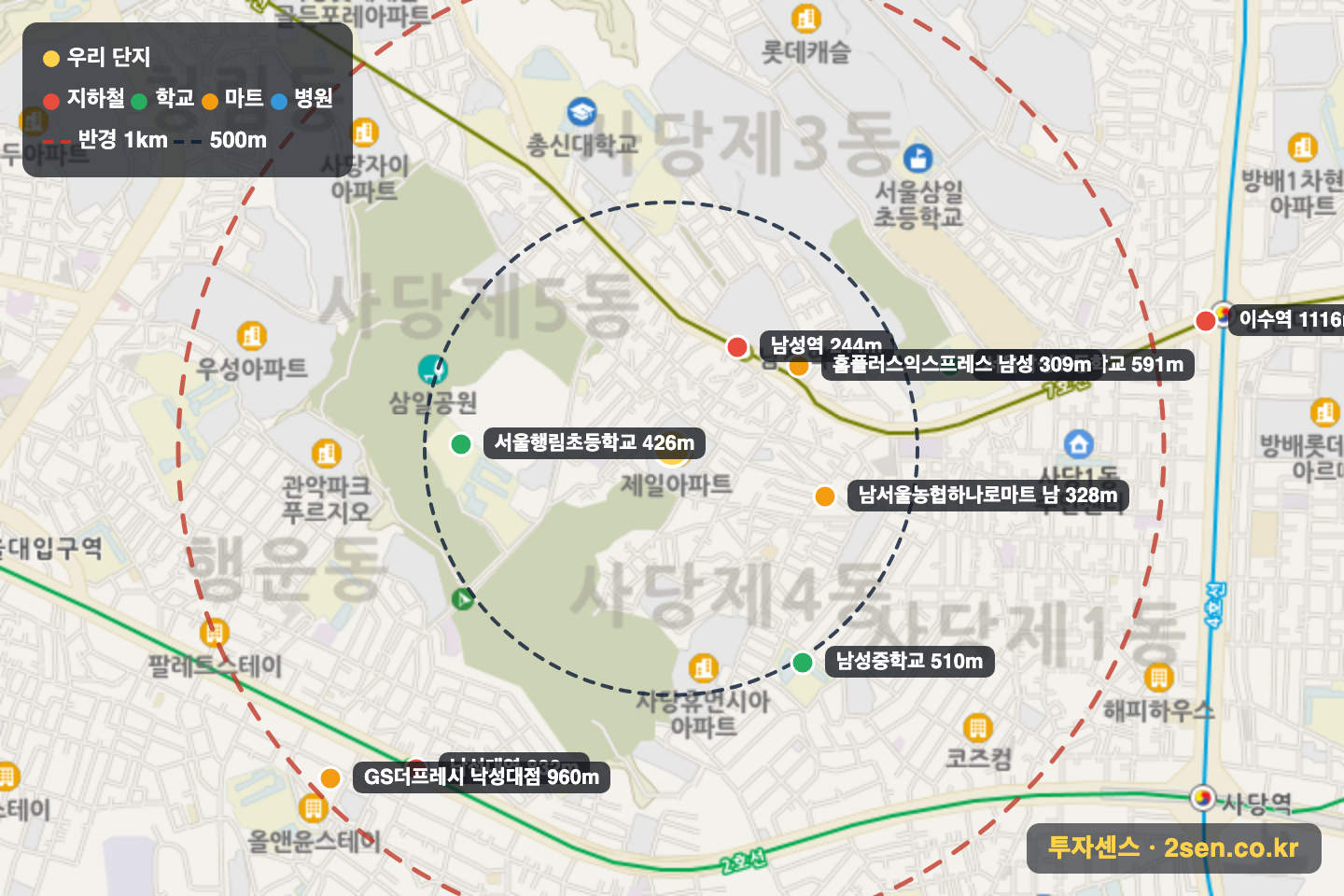 제일 반경 1km 입지 지도(지하철·학교·마트)