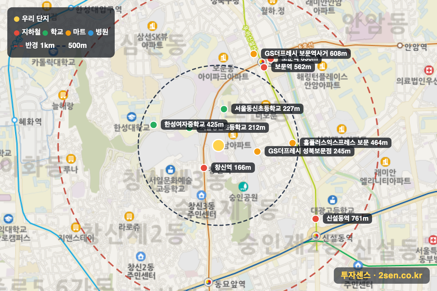 종로센트레빌 반경 1km 입지 지도(지하철·학교·마트)