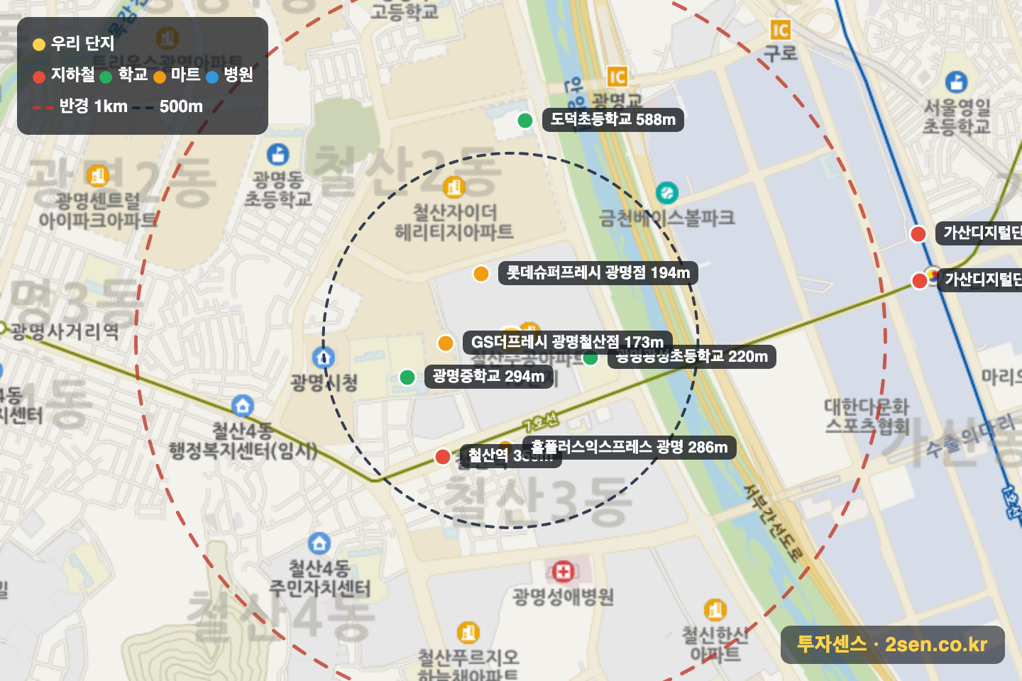 주공13 반경 1km 입지 지도(지하철·학교·마트)