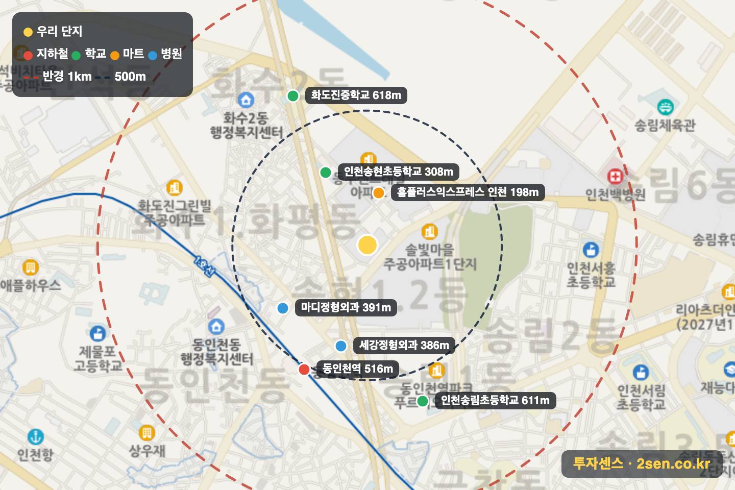 주공2 반경 1km 입지 지도(지하철·학교·마트)